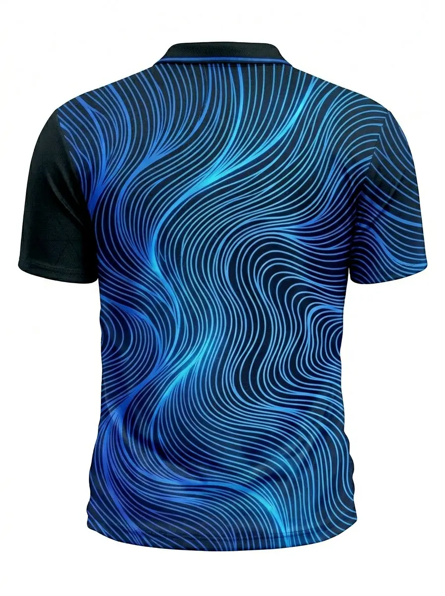 Moisture Wicking Golf Polo 3D Black Blue Glow Wavy Button Short Sleeve Golf Polo Shirt