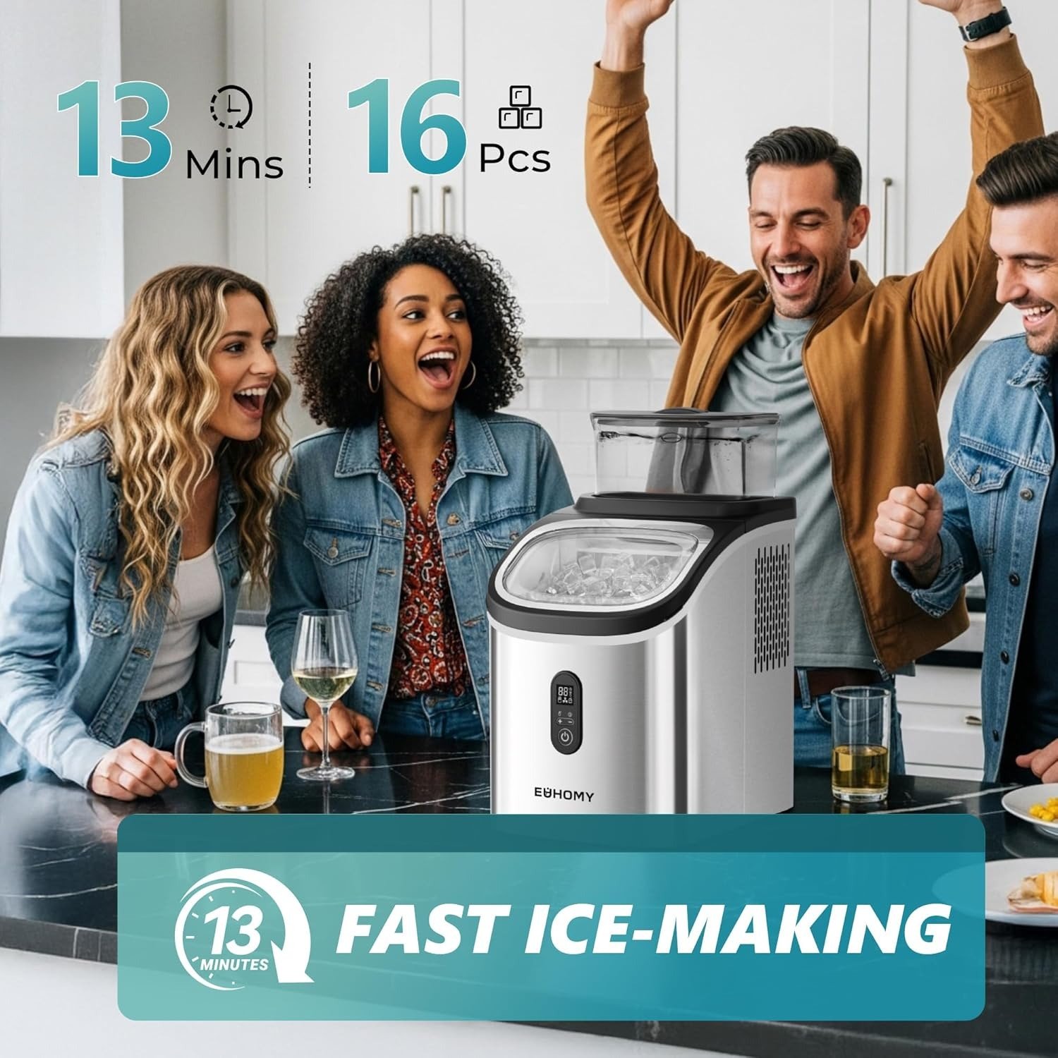Ice Cube Maker Machine Countertop with External Water Tank, 2 Ways to Add Water, 34Lbs/Day, 16Pcs Ready in 7 Mins, Auto-Cleaning, with Ice Scoop & Basket, for Home/Kitchen/Office/Bar (Silver)