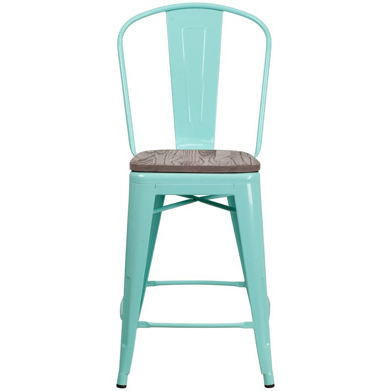 24x22 High Metal Counter Height Stool with Back and Wood Seat Mint Green