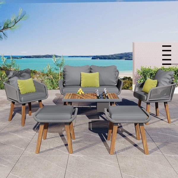6 PCS Rope Outdoor Patio Furniture Set for 6 with Two Stools,Cool Bar Table Combo