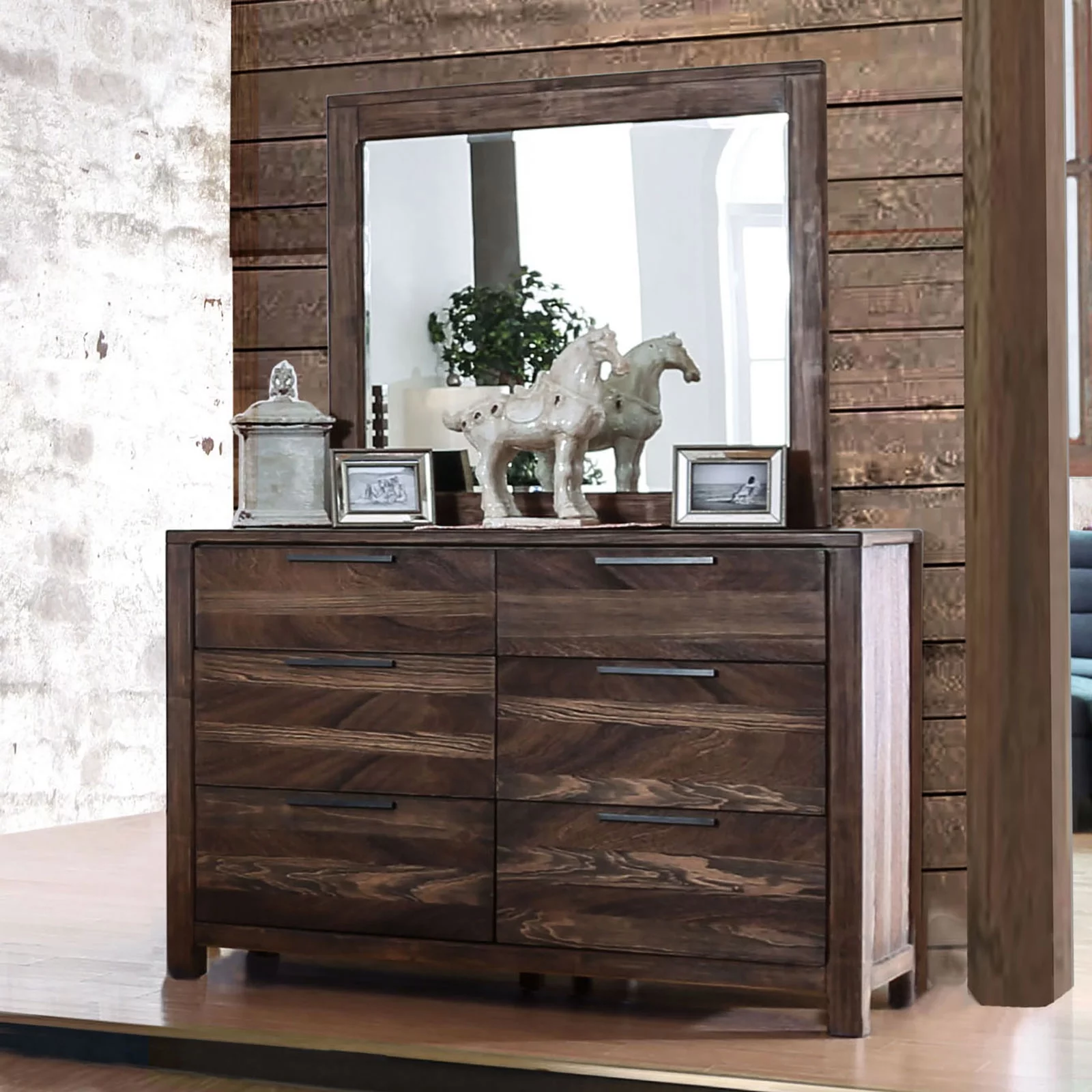 Transitional Rustic Natural Tone 5pc Bedroom Queen Size Bed Dresser Mirror Nightstand Chest Furniture Solid wood