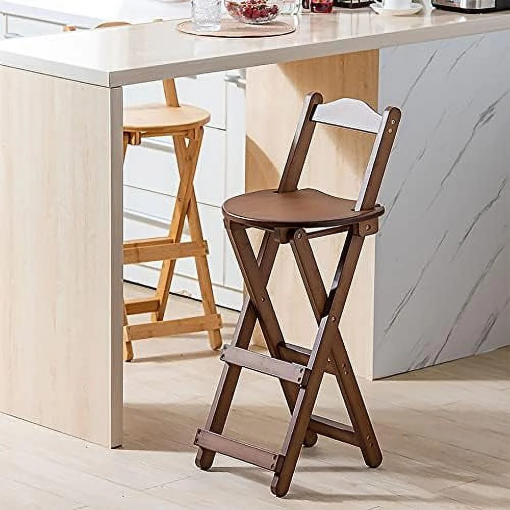 TJUNBOLIFE 24 inch Rustic Folding Wood Stools Wooden Kitchen Counter Height Barstools Dining Chair with Backrest/Footrest  Chairs  75cm