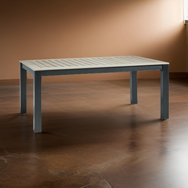 Mide 72 Inch Outdoor Dining Table,Rectangular,Slatted Top,Beige,Black