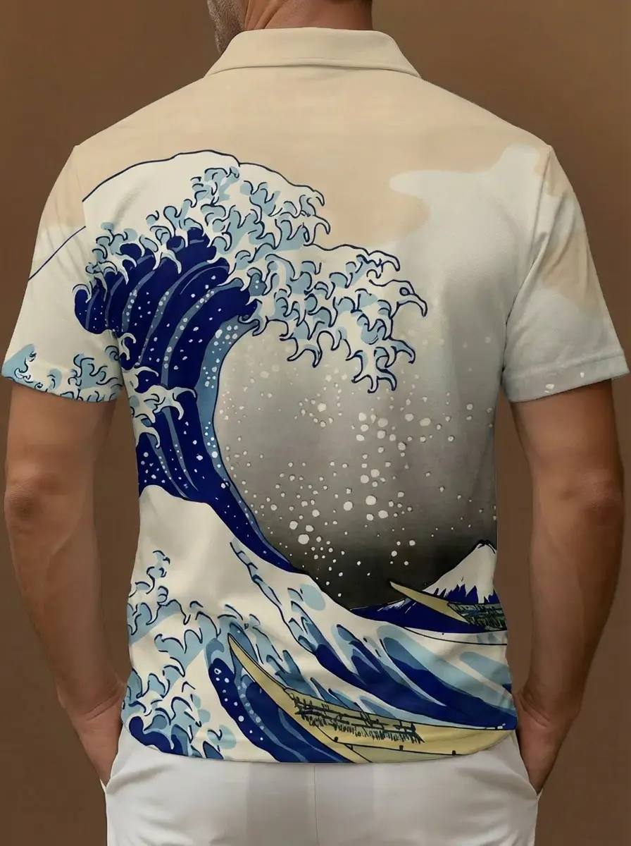 Beige Blue White Japanese Wave Pattern Button Short Sleeve Golf Polo Shirt