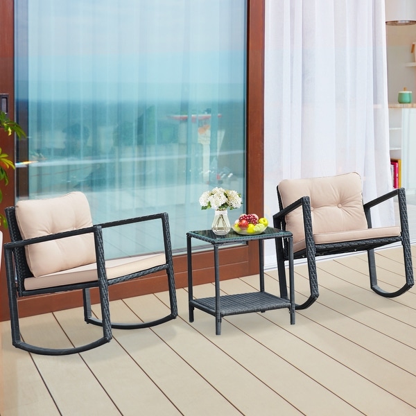 Costway 3PC Patio Rattan Conversation Set Rocking Chair Cushioned Sofa