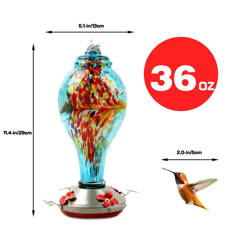 Syeenify Hummingbird Feeder,Blown Glass Hummingbird Feeders for Outdoors, 36 Ounces
