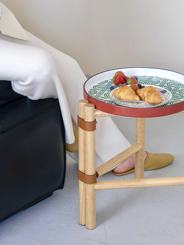 YA019 - Side Table - Vintage Olive Green Pig Nose Lock Chain Porcelain Solid Wood Top Grain Saddle Leather Detachable Tray Living Room Coffee Table