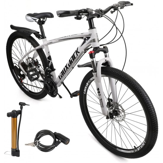 Mens Mountain Bike 27.5-Inch Wheels, Aluminum Frame, 21 Speed Thumb Shifter, Front Suspension, Dual Disc Brakes Women Adult Bicycles Black-White w/mudguards, Bike Lock, Air Pump