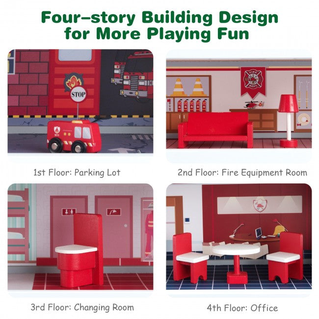 Wooden Fire Station Dollhouse Playset with Truck and Helicopter