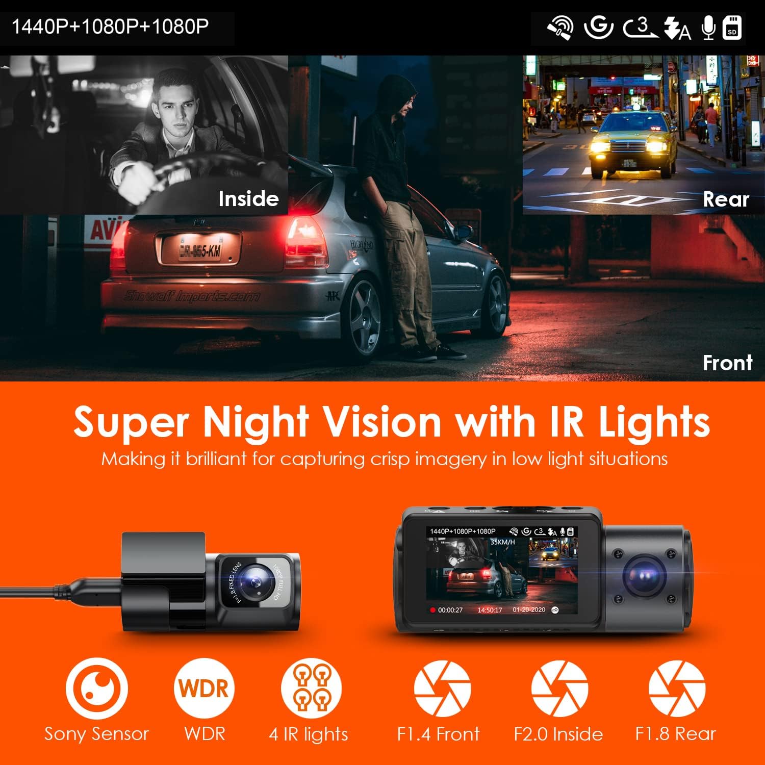 Channel Dash Cam, 4K+1080P Front and Rear, 1440P+1440P Front and Inside, 1440P+1440P+1080P Three Way Triple Car Camera, IR Night Vision, 24 Hours Parking Mode, Support 256GB Max