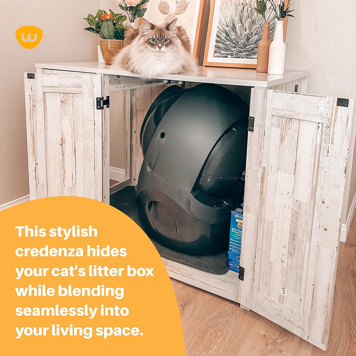 Litter-Robot Credenza with Litter Box Enclosure, Rustic White Plank Finish, 43.2” W x 28.1” D x 33.1” H, Stylish and Durable Hidden Cat Litter Box Furniture, Litter-Robot Not Included