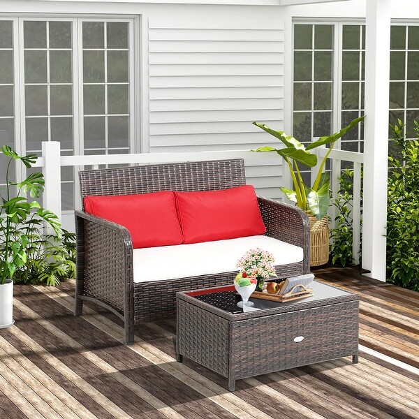 Costway 2PCS Patio Rattan Wicker Loveseat Coffee Table Set Cushioned
