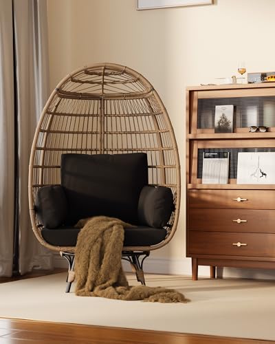 Oversize Wicker Egg Chair with 4 Comfy Cushions, Big Egg Shaped Lounger with Ottoman, Rattan Reading Chairs for Indoor Outdoor Patio Porch Backyard, Grey
