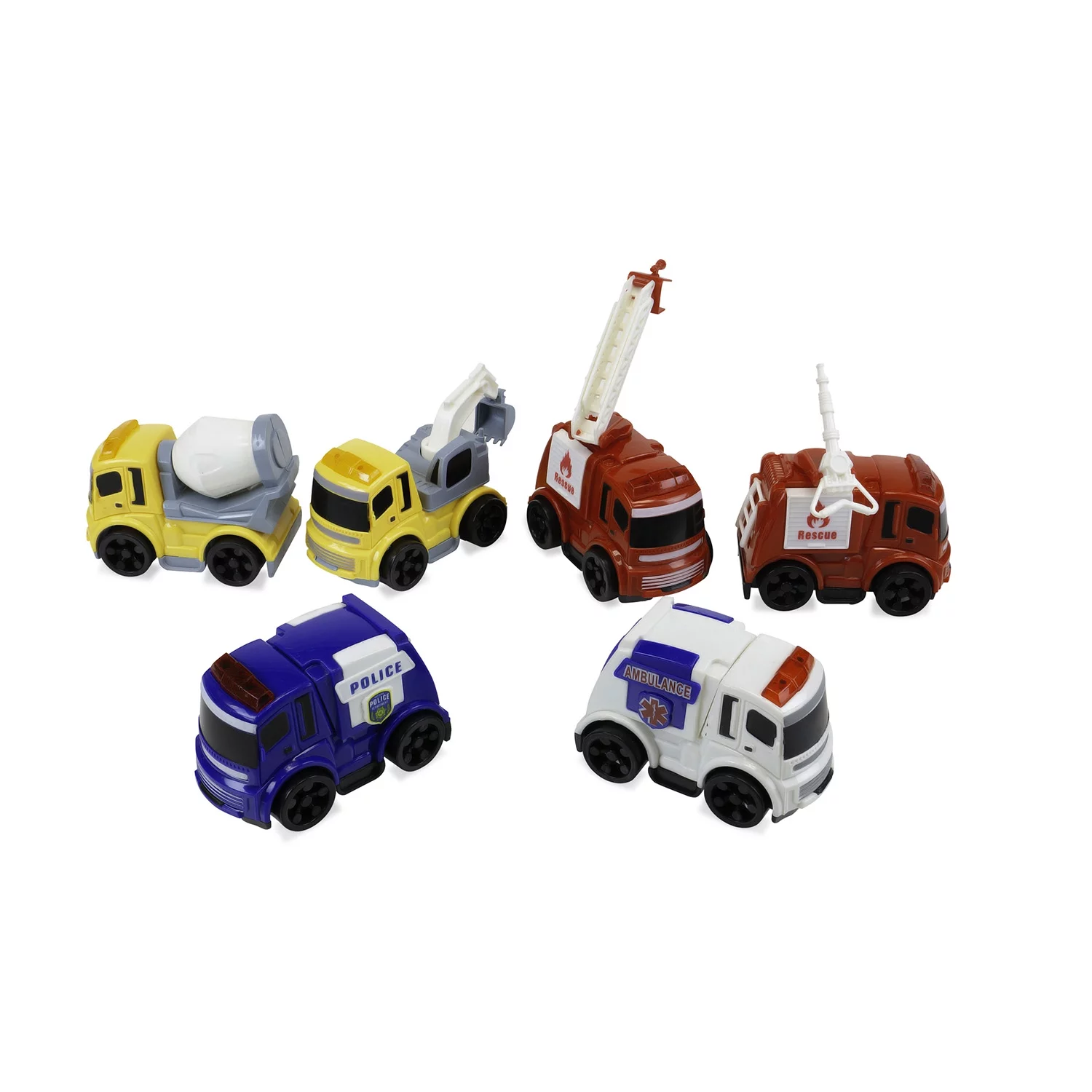 Travel Size Set of 6 City Squad (Police Car, Ambulance, Fire Truck)  Friction Powered Toy Cars Push and Go Vehicles for Kids
