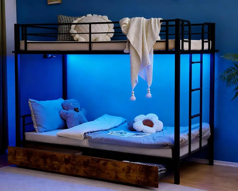VINGLI Twin-over-Twin LED Bunk Bed — Non-Slip Ladder, Full-Length Guardrail, and Built-in Lighting