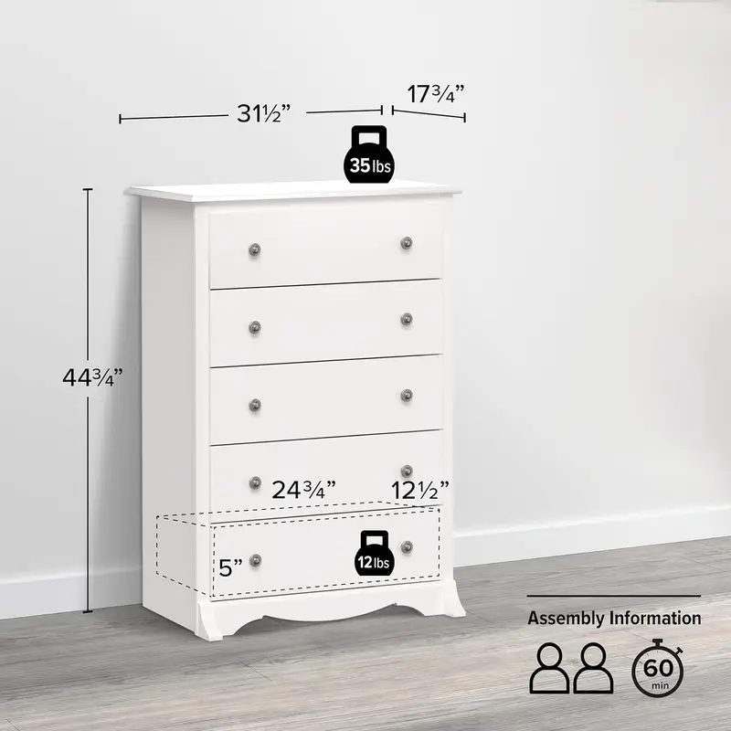 Prepac Sonoma Superior 5-Drawer Bedroom Chest – Modern Wooden Dresser with Smooth-Glide Drawers