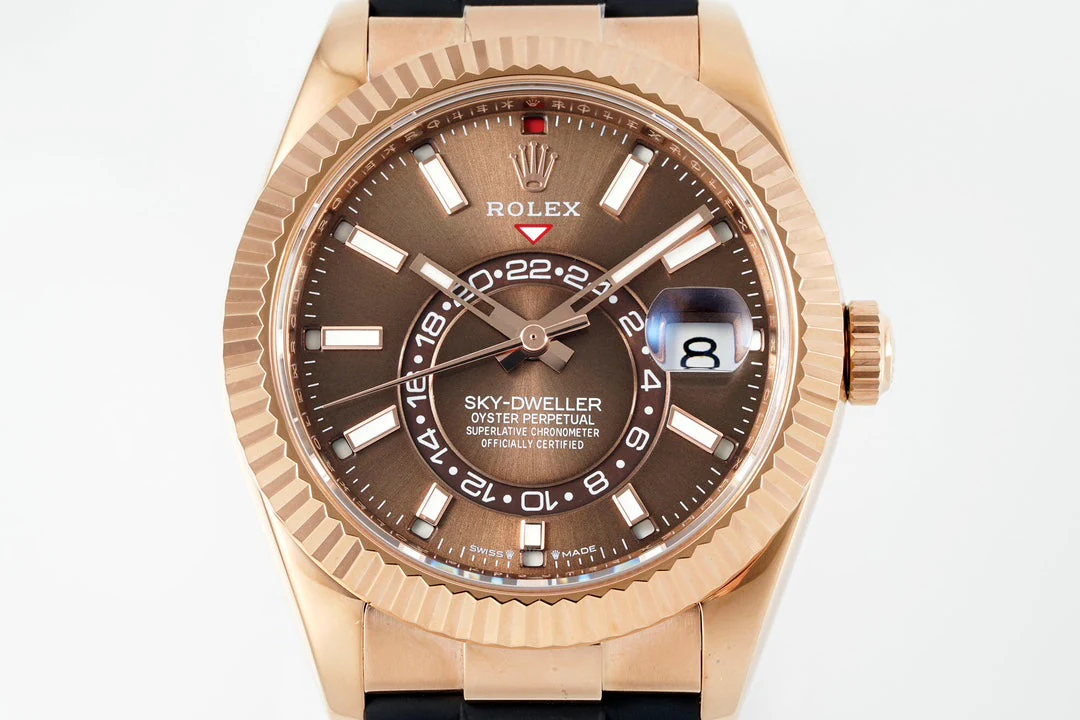 Rolex Sky-Dweller 42mm Rose Gold Case Brown Dial Rubber Strap