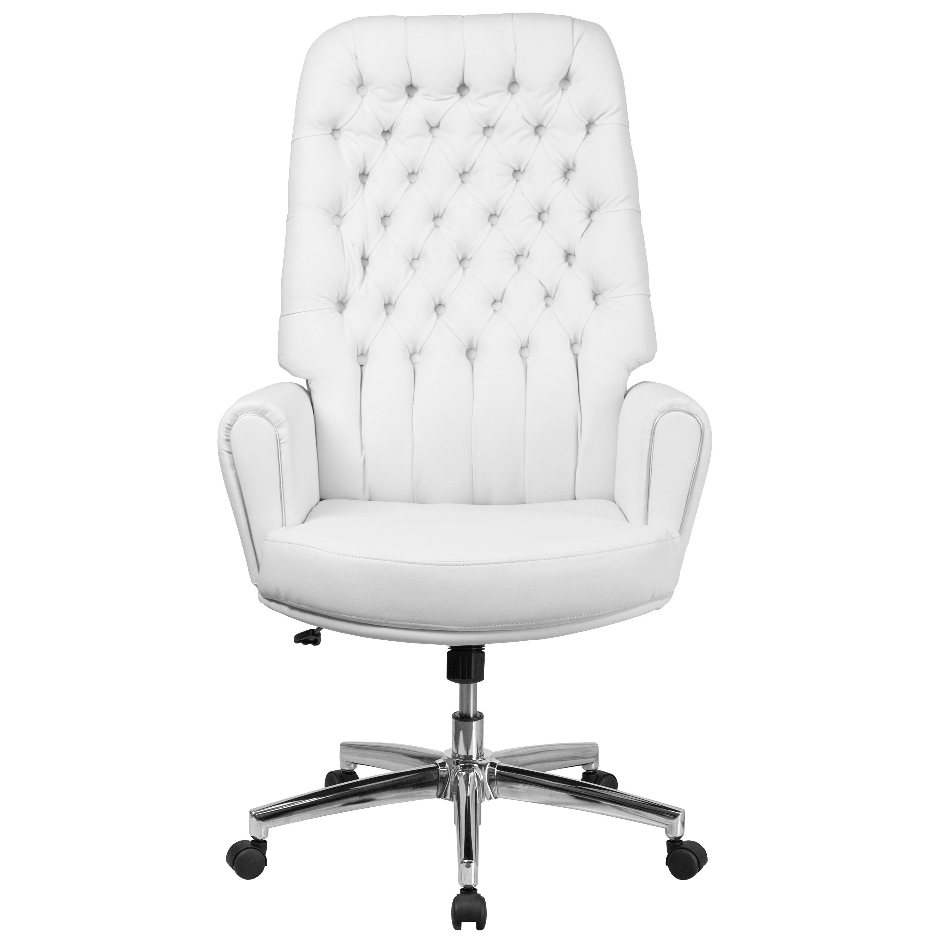 High Back Traditional Tufted Black Leather Executive Swivel Office Chair with Silver Welt Arms