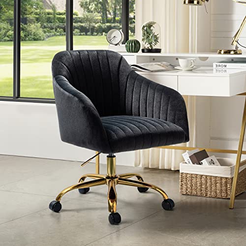 HULALA HOME Velvet Home Office Desk Chair, Modern Cute Computer Task Chair, Wheels Swivel Height Adjustable Upholstered Vanity Chair for Women, Girls (Gold Base, Tan)