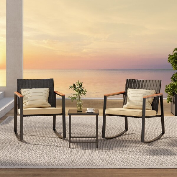 3 Piece Rocking Patio Bistro Set Wicker,Rocking Chair Pub Set with Glass Table