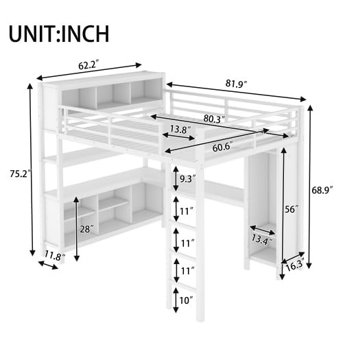 Metal Loft Bed with Wardrobe and L-Shaped Desk, Full Size Loft Bed with Storage Cubes and Shelves, Heavy Duty Loft Bed for Kids Teens, White
