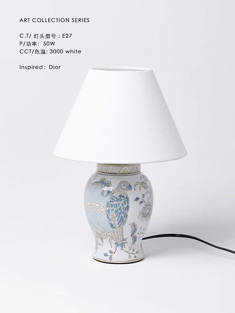 LA048 - Study Series Oriental Paris Hand-painted Ceramic Parrot Blue Study Bedroom Table Lamp Bedside Lamp