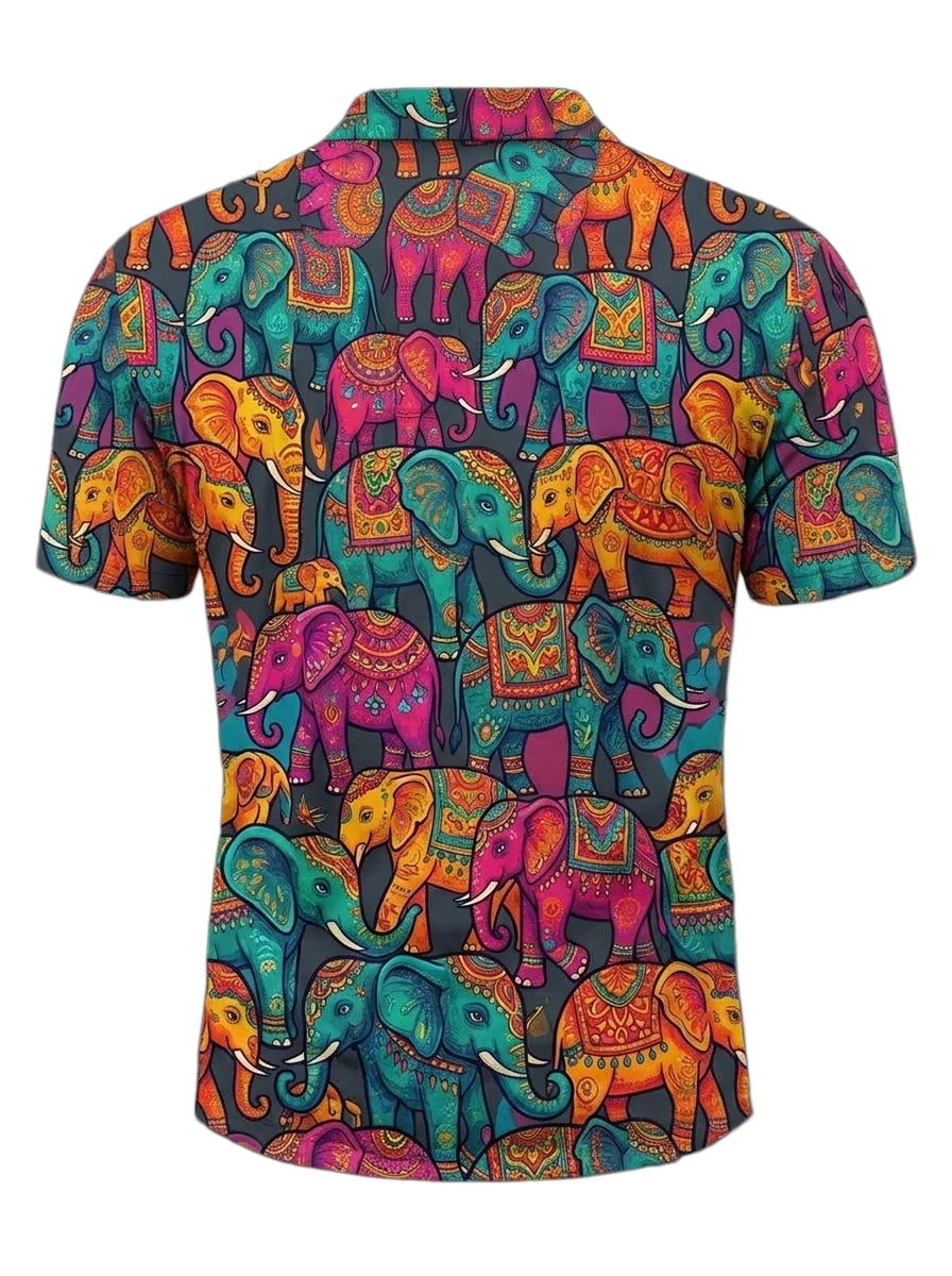 Moisture Wicking Golf Polo 3D Colorful Indian Elephant Button Short Sleeve Golf Polo Shirt