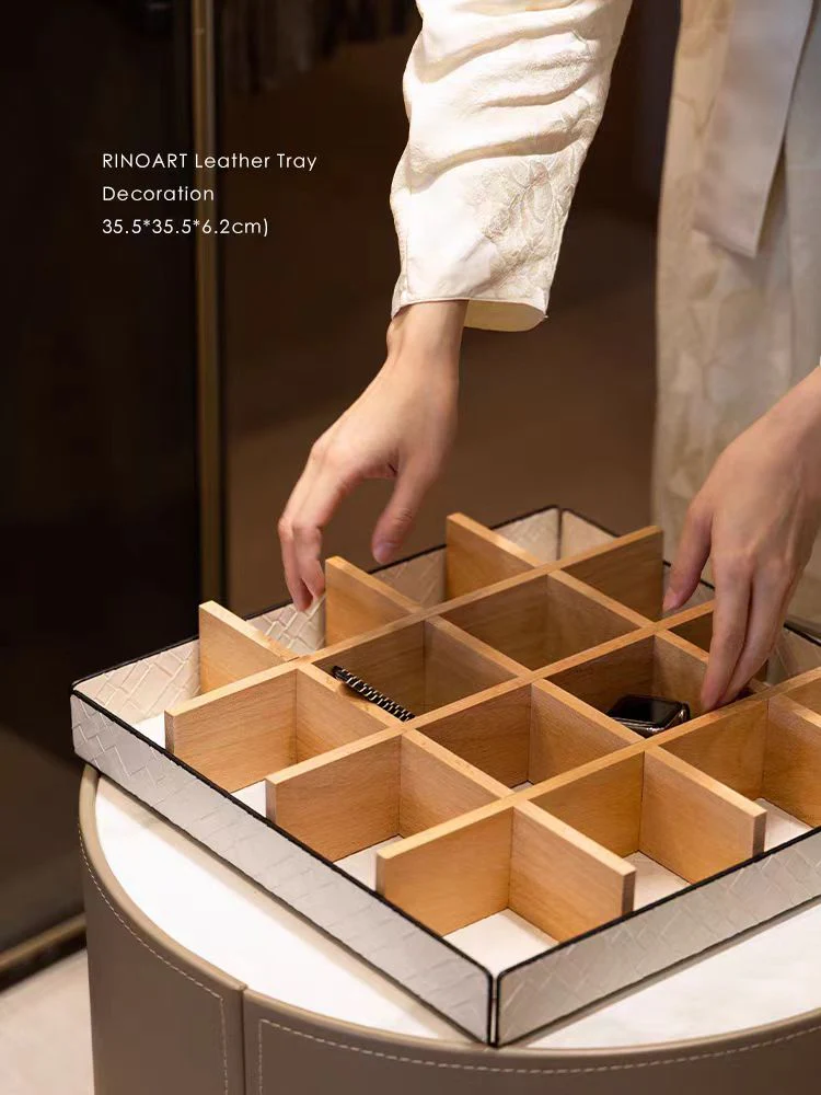 DC260 - BV-Wave woven cream white + solid wood lattice outer stitching leather tray underwear underwear storage box
