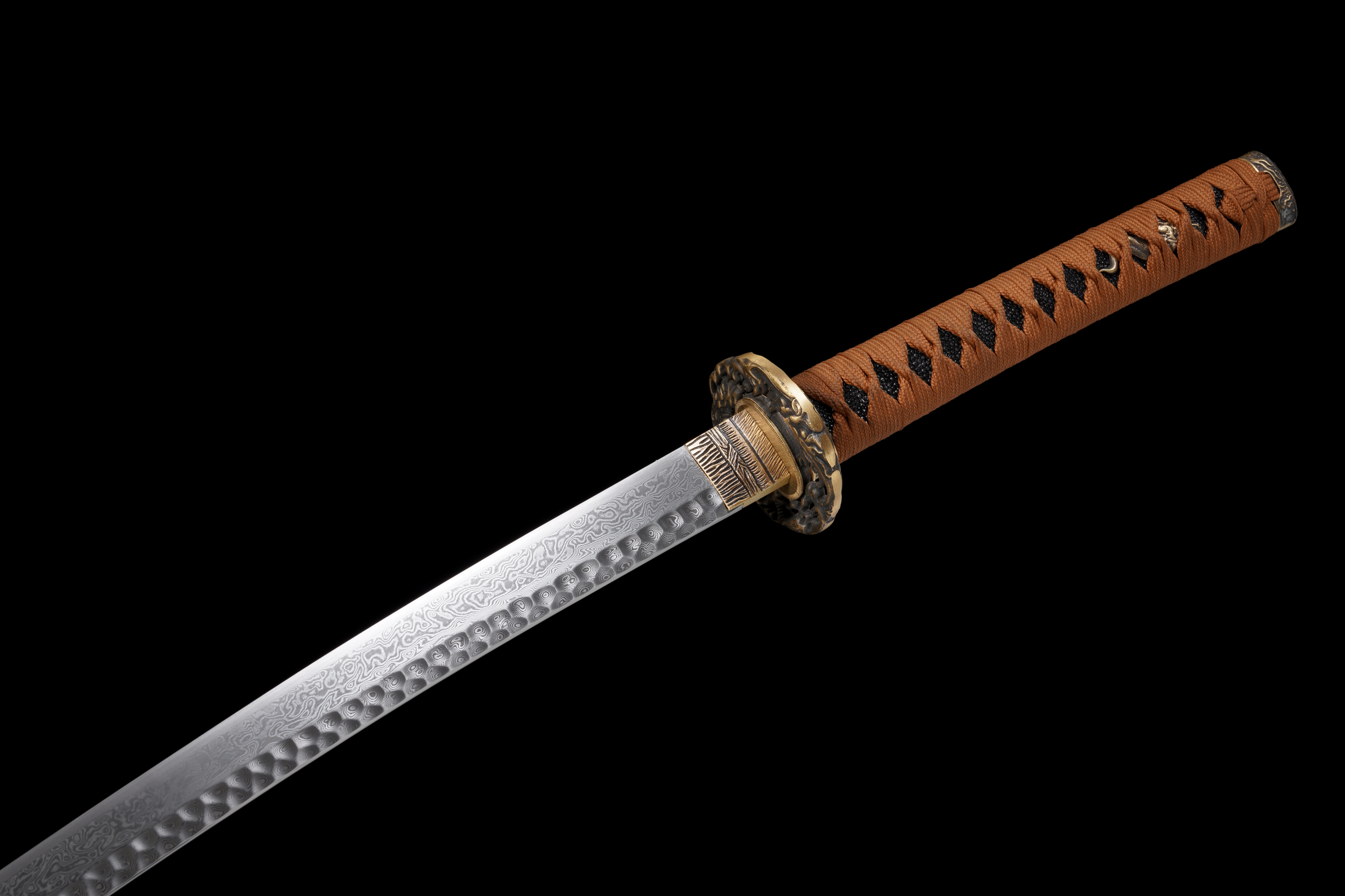 Handmade Katana Damascus Steel Night Rain Golden Dragon Full Tang