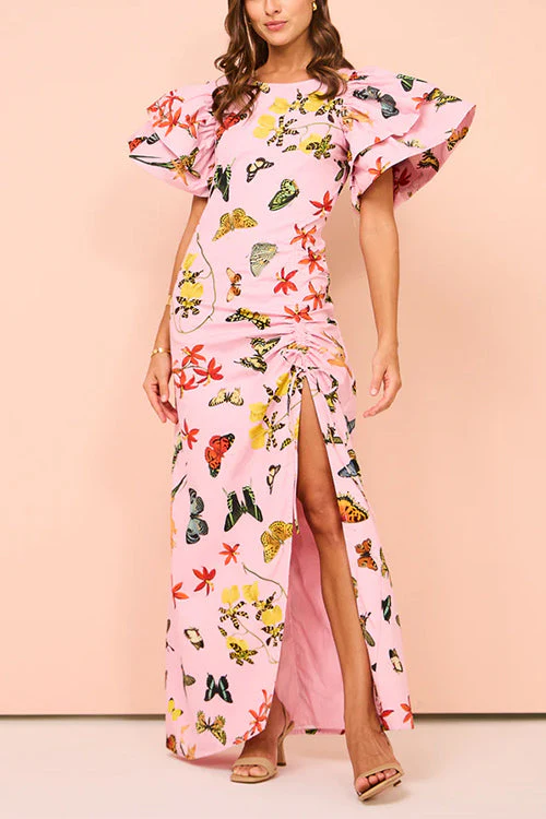 Printed Maxi Dress with Flutter Sleeves & SlitClistos