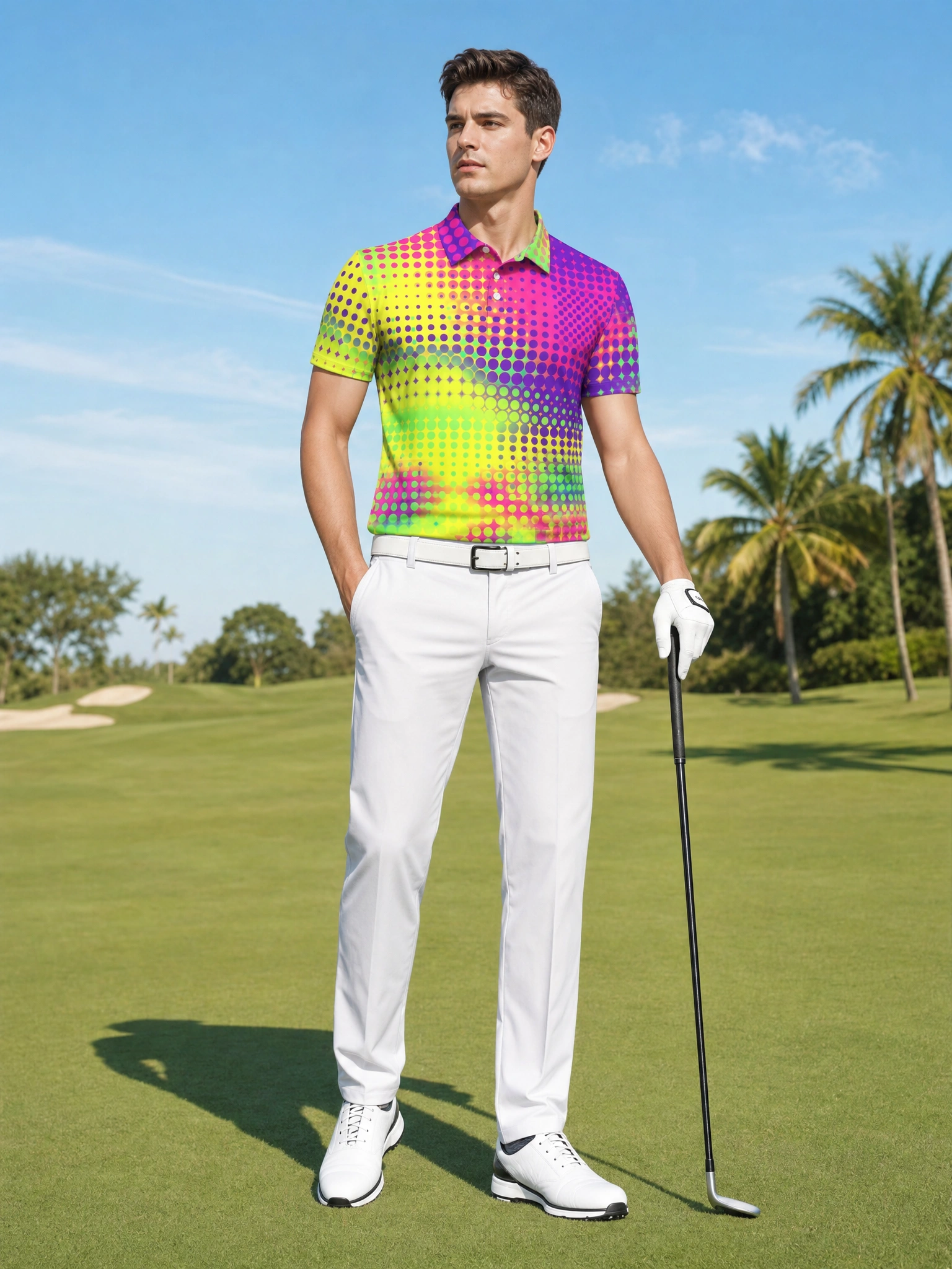 Moisture Wicking Golf Polo 3D Neon Multicolor Psychedelic Pattern Button Short Sleeve Golf Polo Shirt