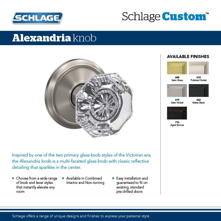Schlage Custom FC172ALX622RWD Alexandria Knob with Rosewood Rose Non Turning Dummy Lock Matte Black Finish