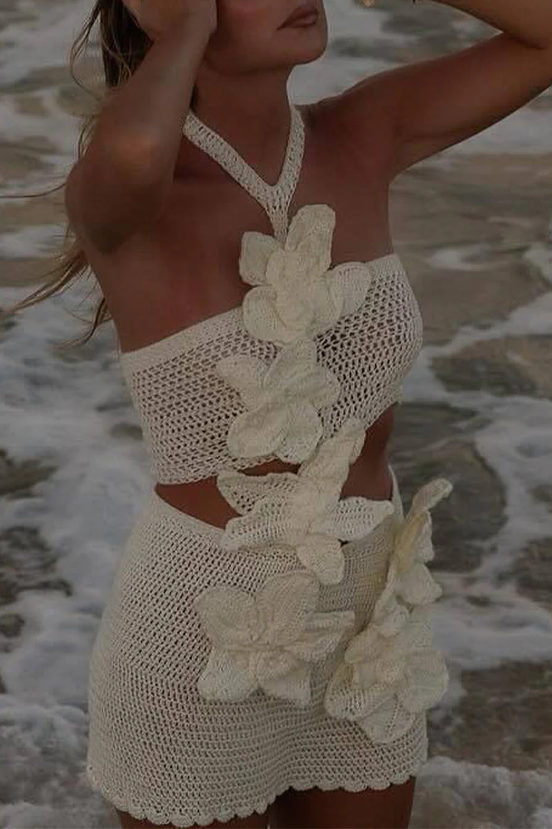 Crochet Halter Crop Top & Mini Skirt SetClistos