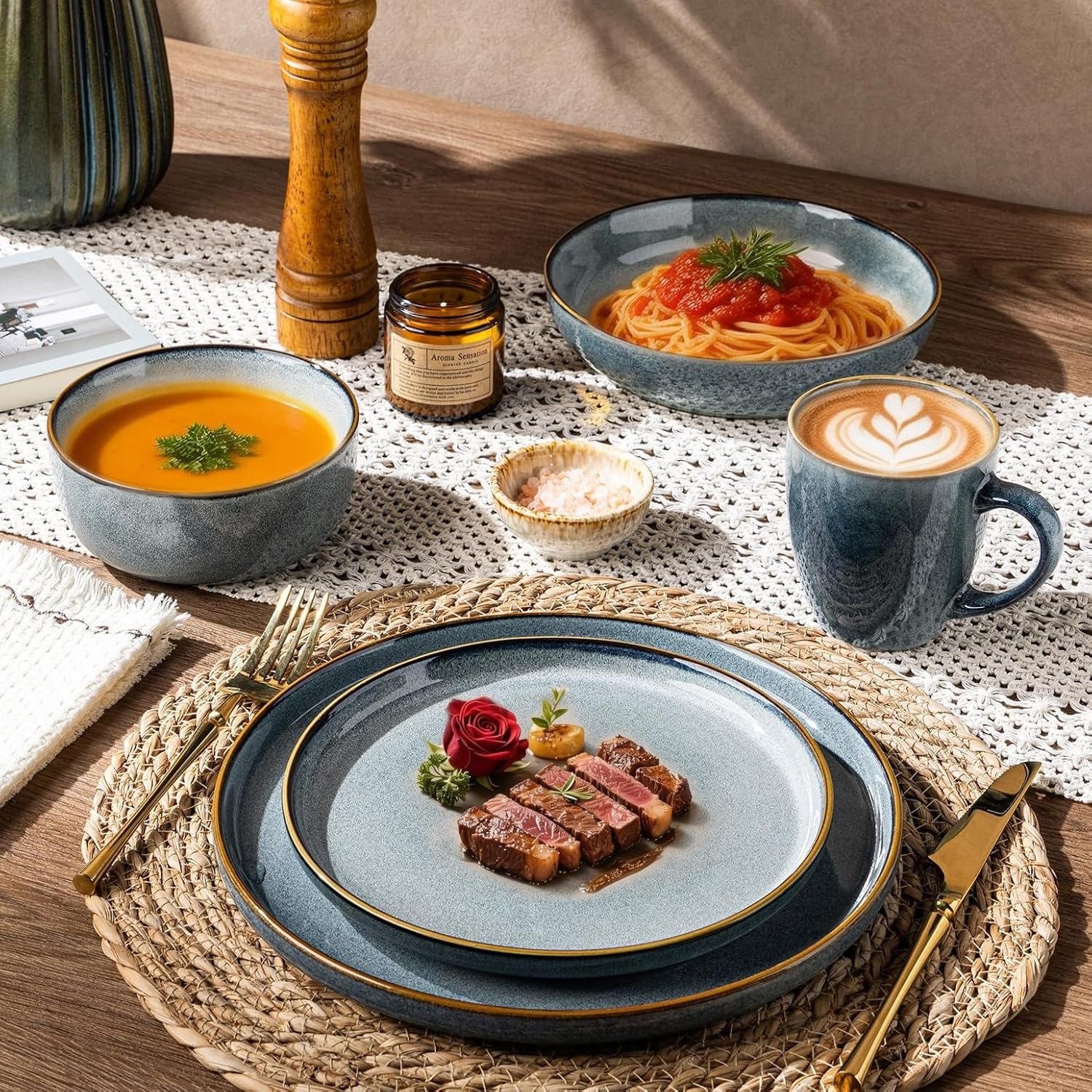 Stoneware Dinnerware Set Chip-Resistant Dishwasher Microwave Safe Tableware Set