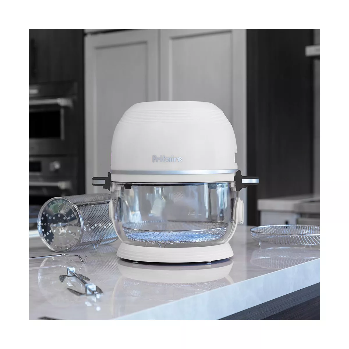 Fritaire Self-Cleaning Glass Bowl Air Fryer, 5 Qt, 6-in-1 Functions, BPA Free, Rotisserie, Tumbler – white