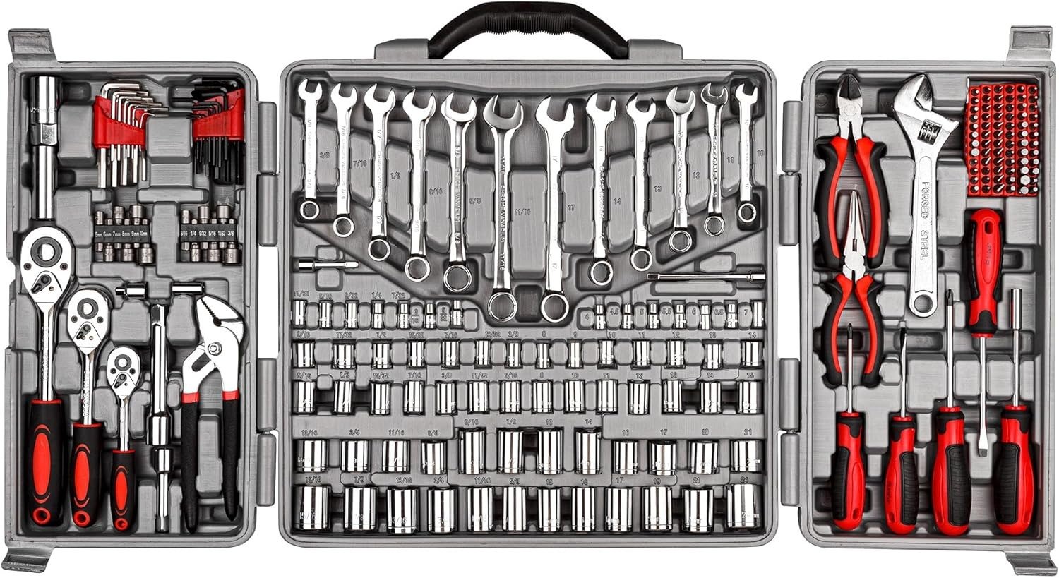 205 Piece Ratchet Wrench Tool Set 1/4′′ & 3/8′′ & 1/2′′ Drive with SAE/Metric Sockets Kit in Plastic Toolbox
