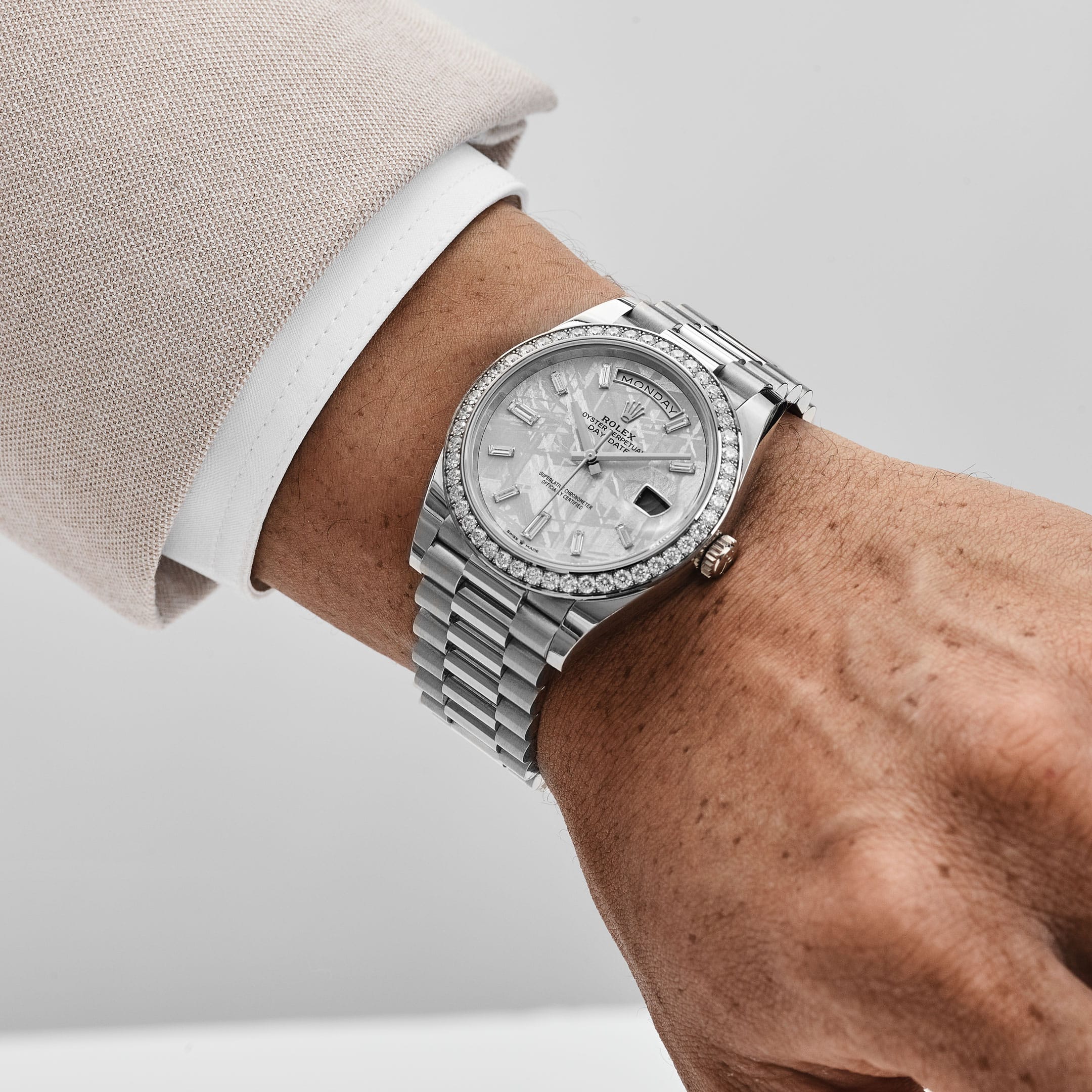 Rolex Day-Date 40 228349RBR White Gold Meteorite Diamond Baguette Dial Diamond Bezel (2022)