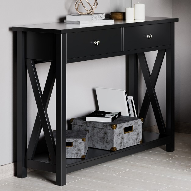 Console Table With Two Drawers 2 tier Entryway Table With Storage Shelf And Sturdy X braced Legs For Living Room Or Hallway By Lavish Home black