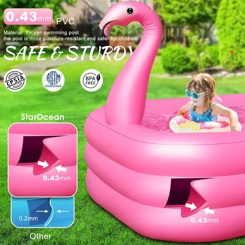 Solar-Powered Flamingo Inflatable Pool – 105″ x 65″ x 25″ LED-Lit, Thickened Kiddie & Adult Backyard Splash Pool