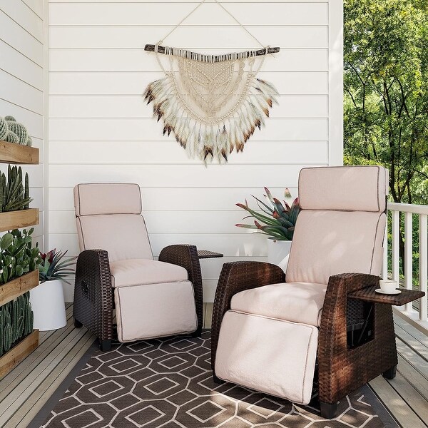 Dark Brown PE Wicker Outdoor Lounge Chair Recliner with Flip Table Push Back and Beige Cushion
