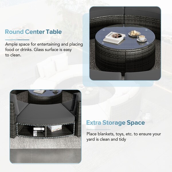Circular Sectional Spacious Rattan Wicker Patio Furniture Set with Tempered Glass Coffee Table and 6 Pillows