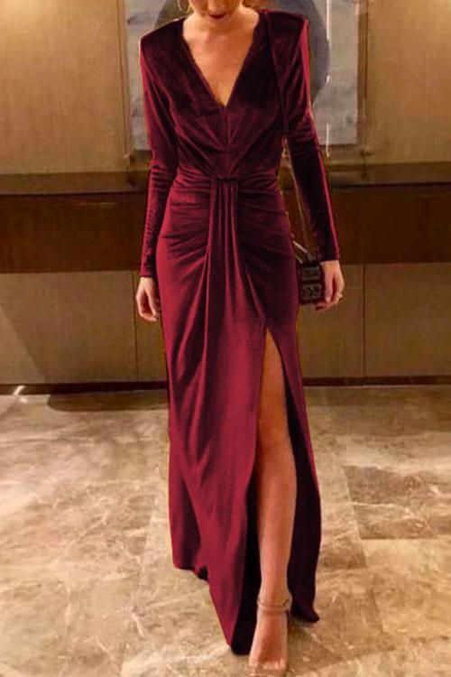 Deep V Neck Slit Velvet Maxi DressClistos