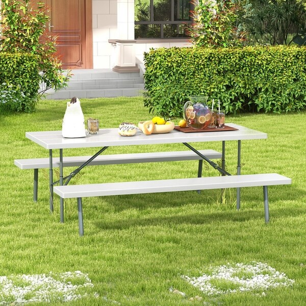 Folding Picnic Table Set with Metal Frame and AllWeather HDPE Tabletop,Umbrella Hole