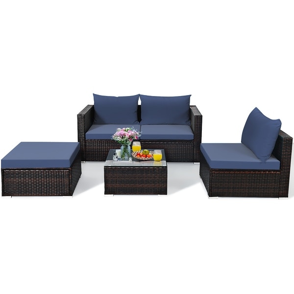 5PCS Patio Rattan Furniture Set Sectional Conversation Sofa w/ Coffee