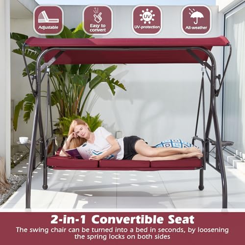 800LBS Patio Swing with Canopy 3 Seat Outdoor Porch Swing with Stand w/Cup Holder & Pillow Glider Chair Swing Bed for Patio Backyard Poolside (Green)