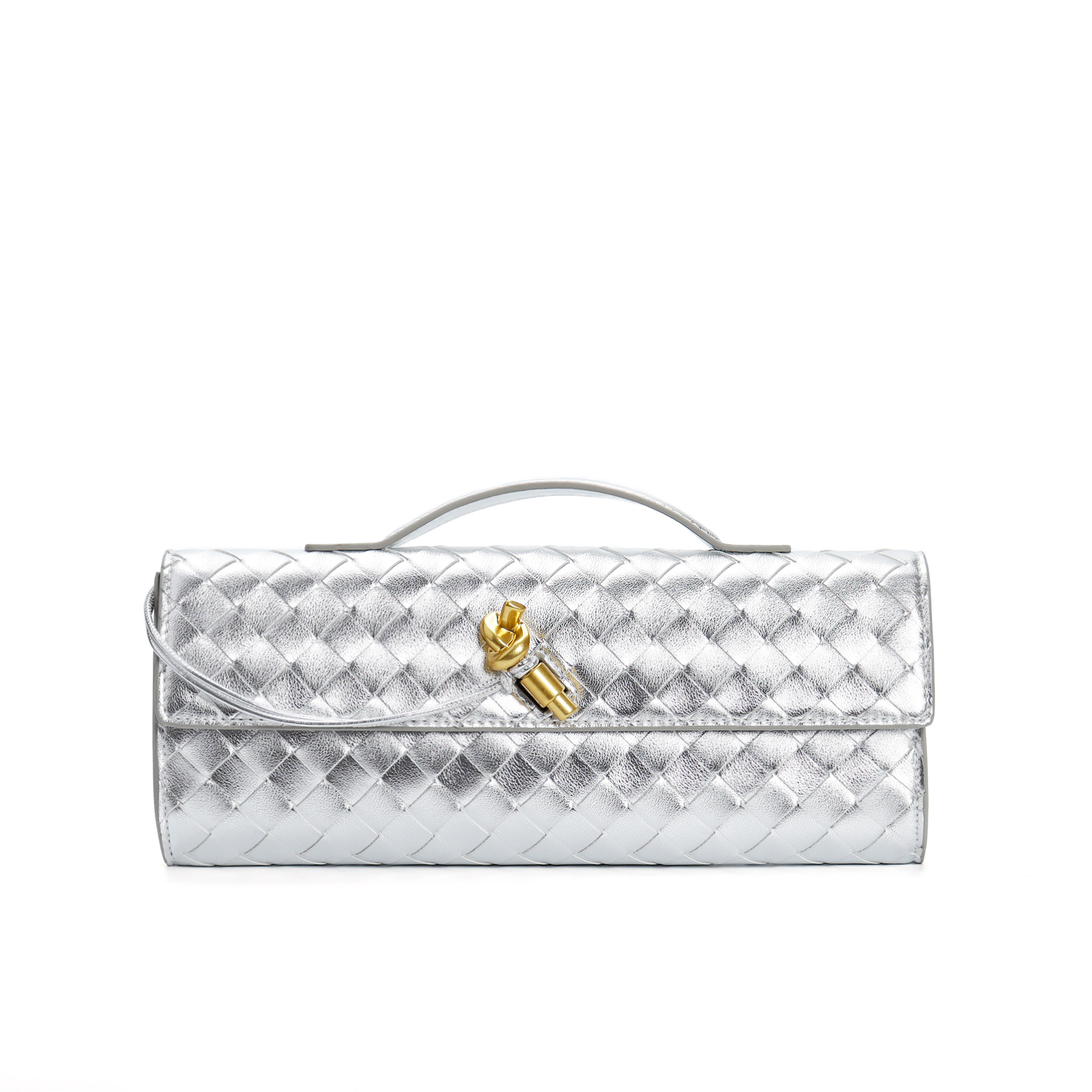 Silver Metallic Woven Leather Clutch