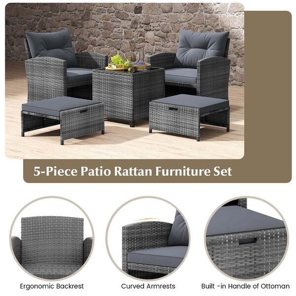 Costway 5 Piece Patio Rattan Furniture with 2 Ottomans and Tempered