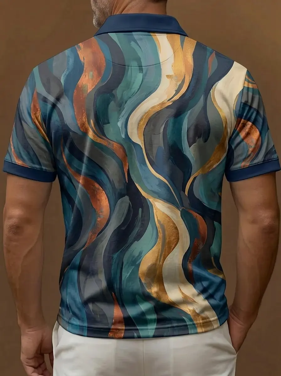 Teal Gold Marble Swirl Print Short Sleeve Golf Polo Shirt