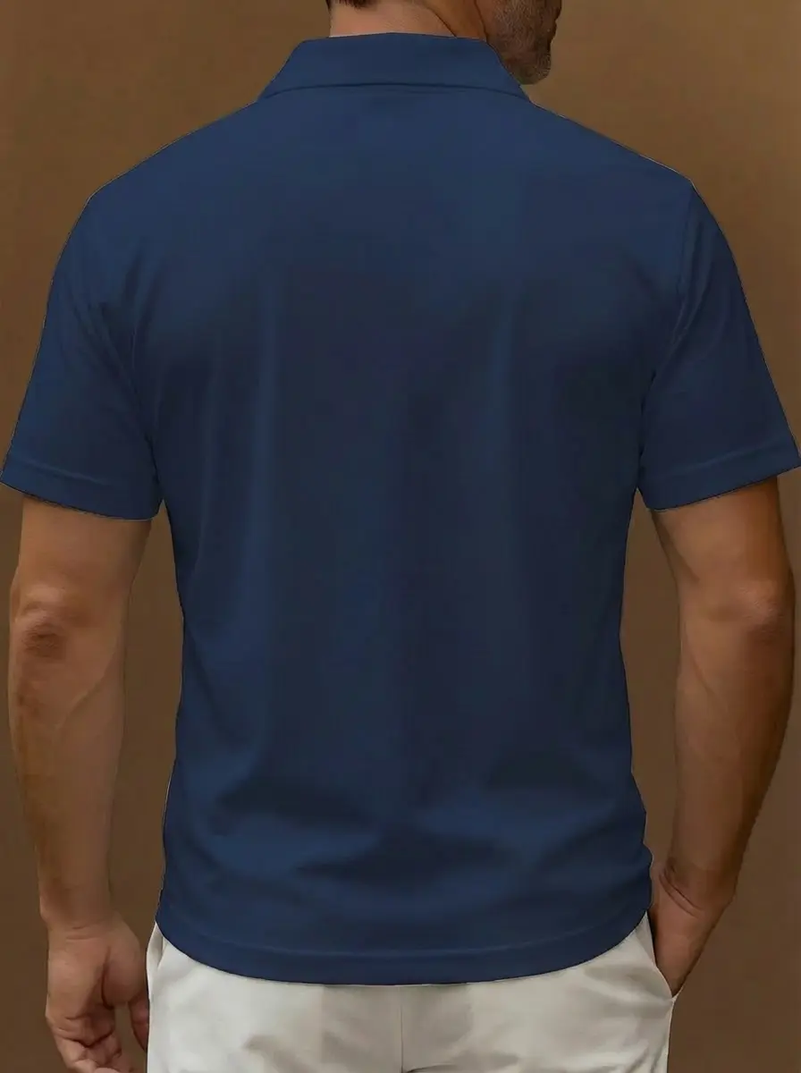 Navy Blue White Vertical Stripe Pattern Button Short Sleeve Golf Polo Shirt