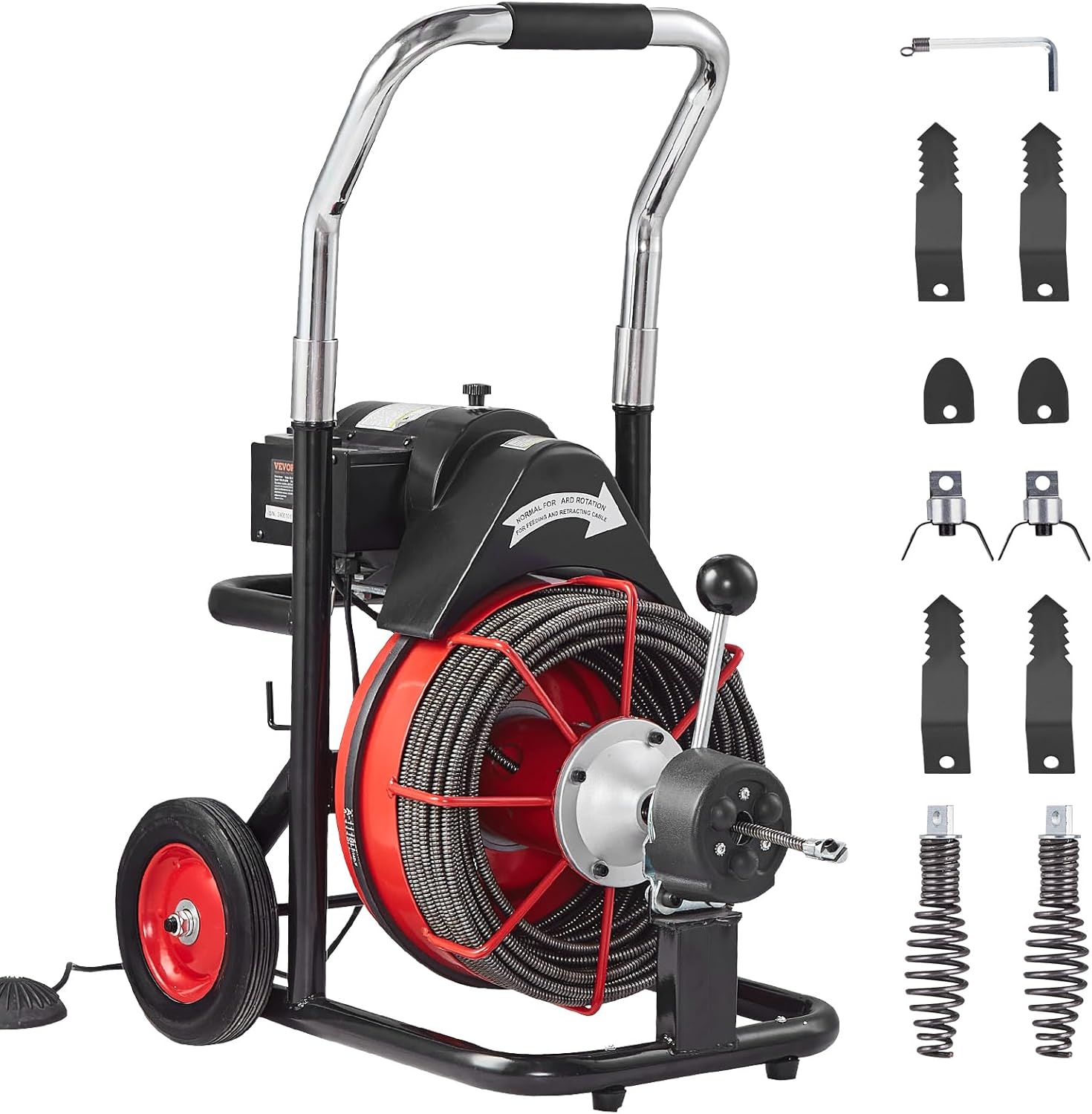 VEVOR Drain Cleaner Machine 100FT x 1/2 Inch, Auto Feed Sewer Snake Auger on Wheels, 550W Portable Drain Cleaning Machine with 8 Cutters & Air-activated Foot Switch for 2